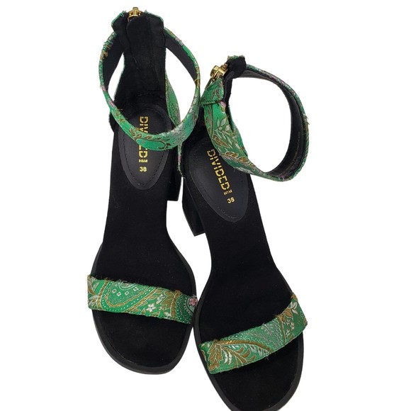 H&M Divided Asian-Inspired Open Toe Block Heels, Green, Size 38 - Picture 1 of 7